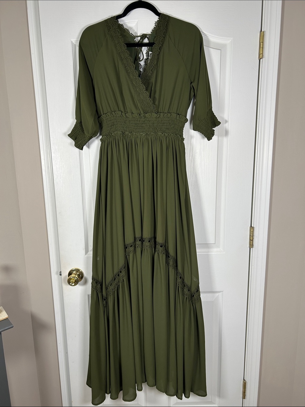 Smocked Waist Olive Green Maxi Dress with Lace Trim size M